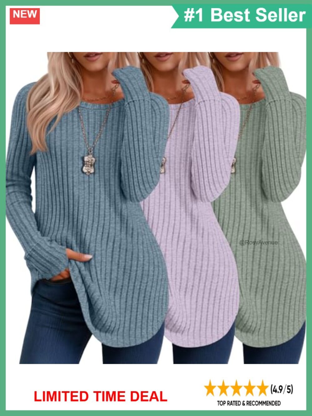 Womens Long Sleeve Thumb Hole Tunic Sweaters 3 Pack Loose Fit Ribbed Knit
